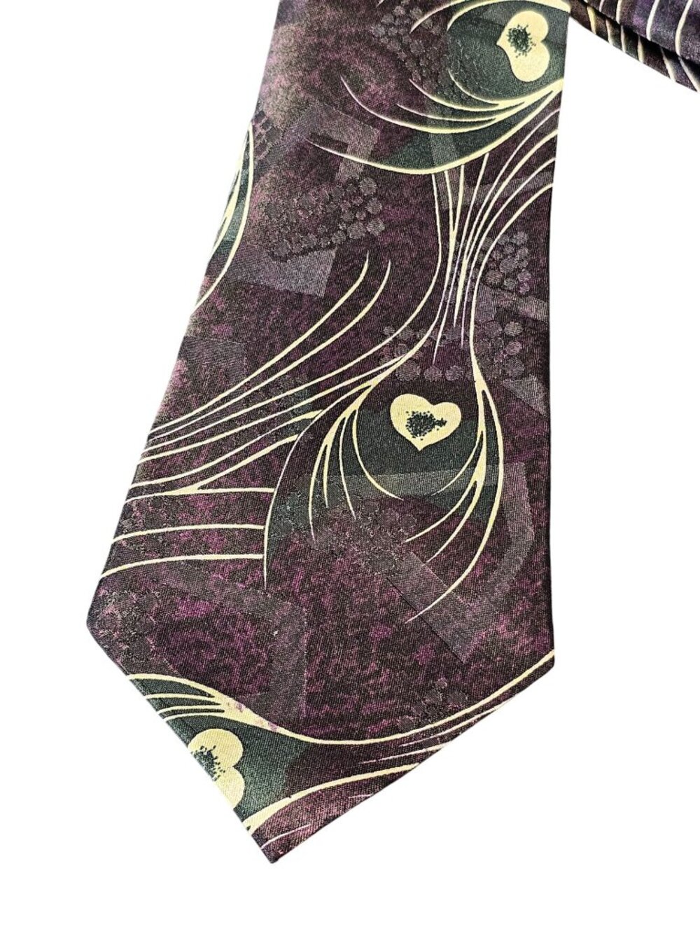 Vintage Bossanoba Silk Tie With Purple & Cream Abstract Floral and Heart Design - Picture 6 of 10